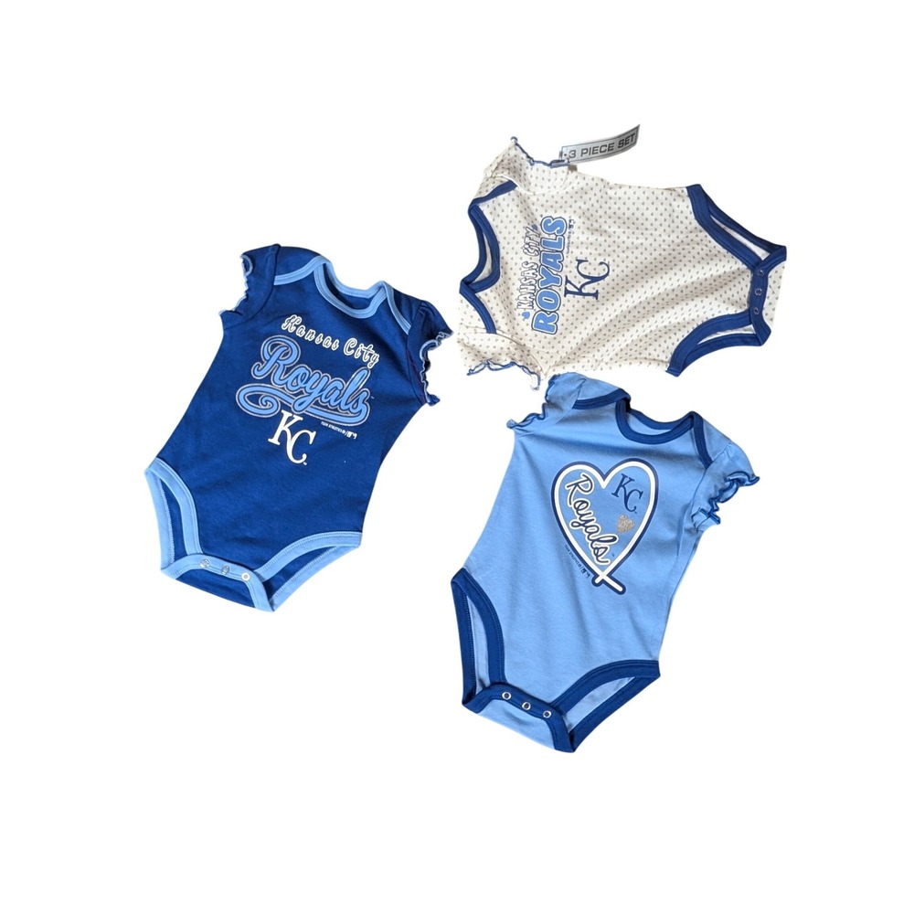 New Kansas City Royals MLB Baby Girls 3 Piece Bodysuit Set Blue White KC Heart